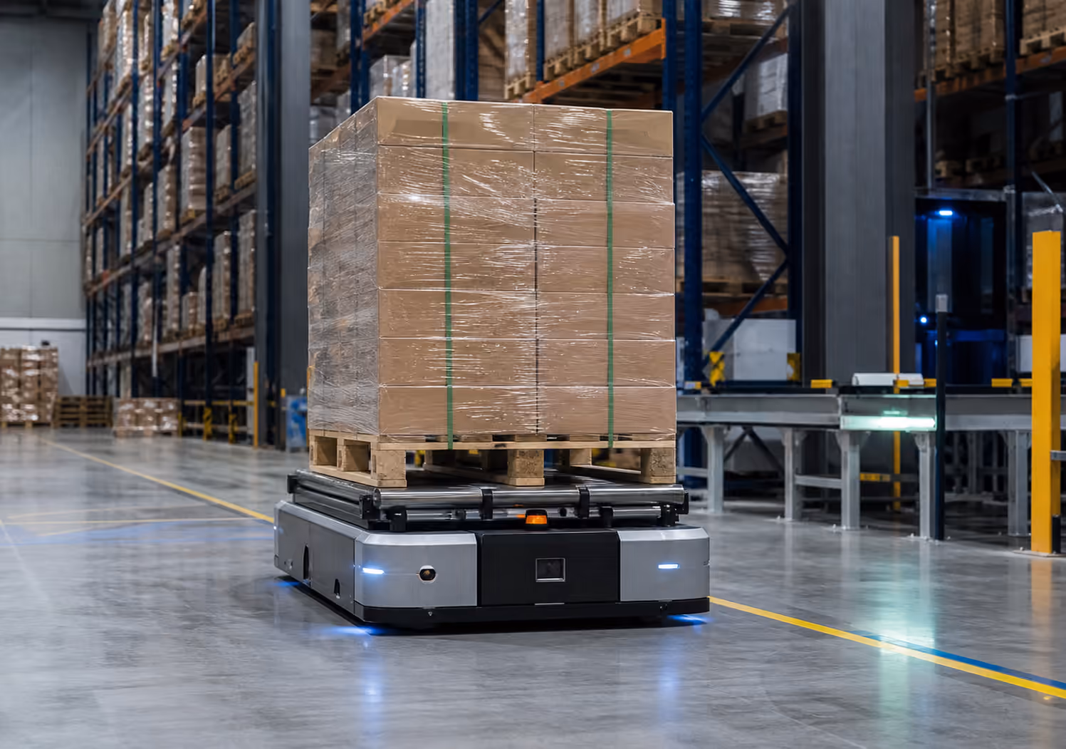 รถลำเลียงอัตโนมัติ AGV ขนย้ายพาเลทภายในคลังสินค้า