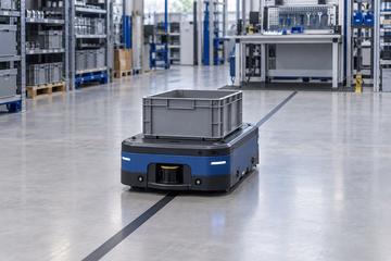 รถ AGV ขนย้ายกล่องสินค้าตามแนวทางในโรงงาน
