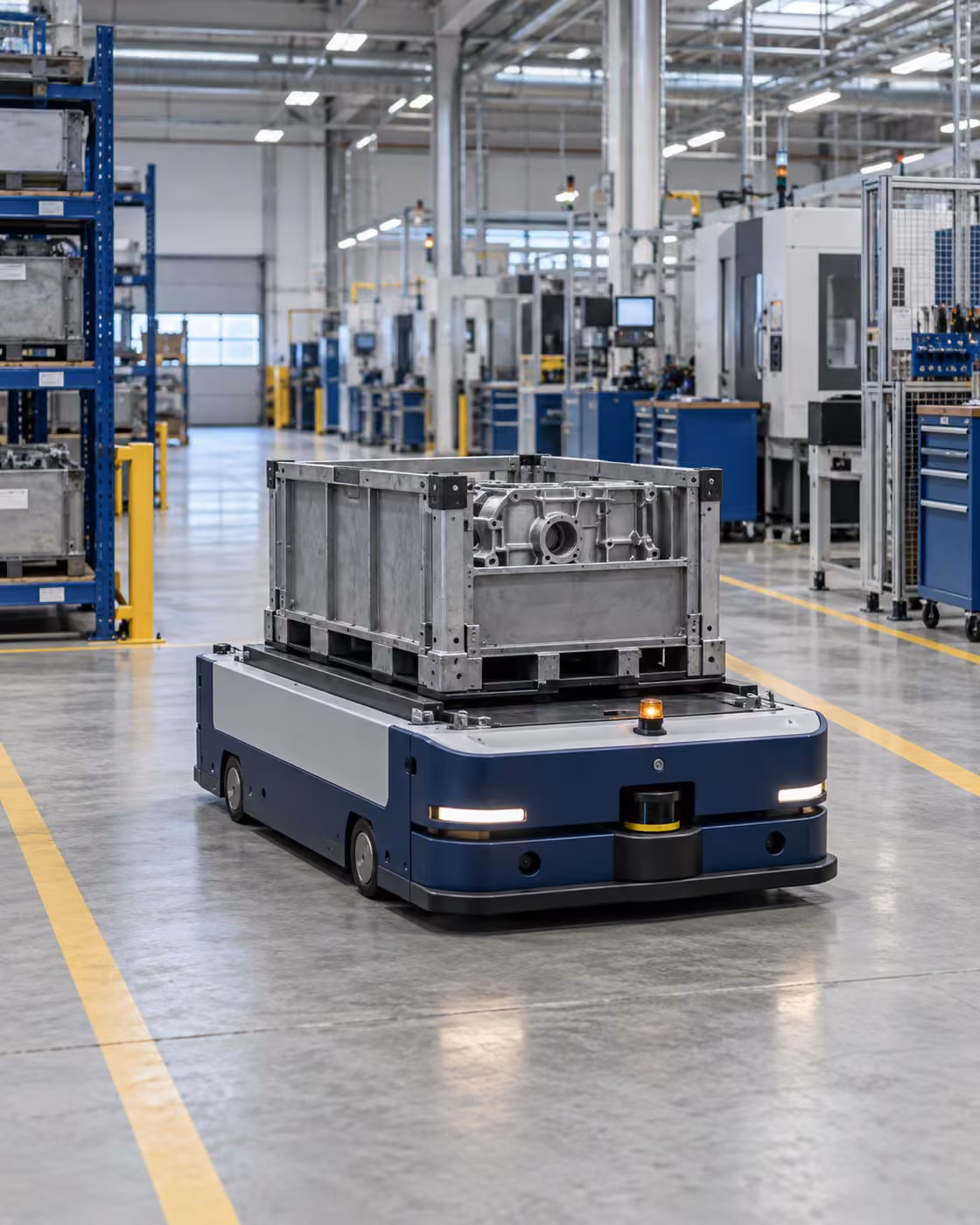 รถ AGV ขนย้ายชิ้นส่วนระหว่างพื้นที่พักสินค้าและสายการผลิต