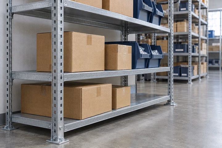 แผ่นชั้น เสาตั้ง และฐานยึดของชั้นวาง Micro Rack สำหรับกล่องสินค้า