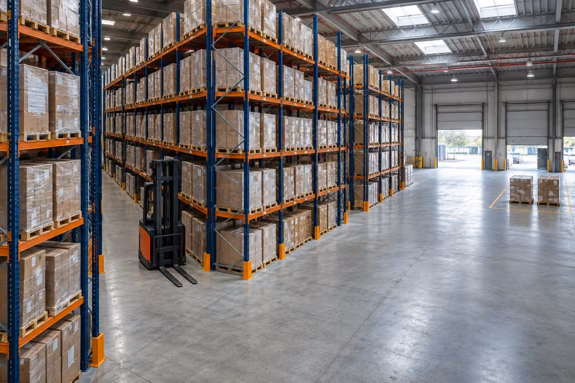 ชั้นวาง Selective Rack พร้อมทางเดินรถยกและพื้นที่รับ–จ่ายสินค้าในคลัง